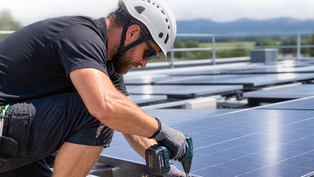 Solarteur montiert Solarmodule mit dem Duraklick-System auf einem Flachdach